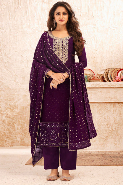 Dark Purple Georgette Kameez Suit For Indian Festivals & Pakistani Weddings - Embroidery Work