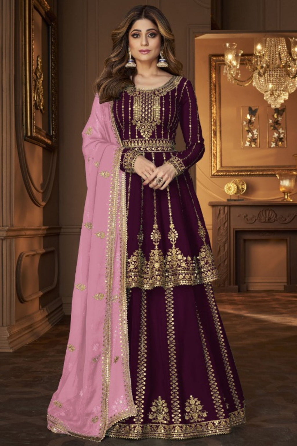 Dark Purple Georgette Salwar Kameez Lengha Suit For Indian Wedding & Festival - Embroidery Sequence Work