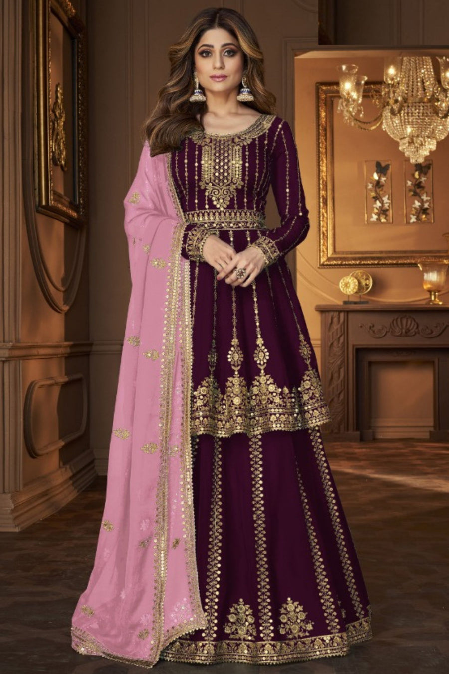 Dark Purple Georgette Salwar Kameez Lengha Suit For Indian Wedding & Festival - Embroidery Sequence Work