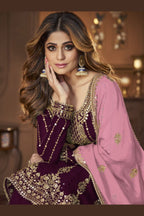 Dark Purple Georgette Salwar Kameez Lengha Suit For Indian Wedding & Festival - Embroidery Sequence Work