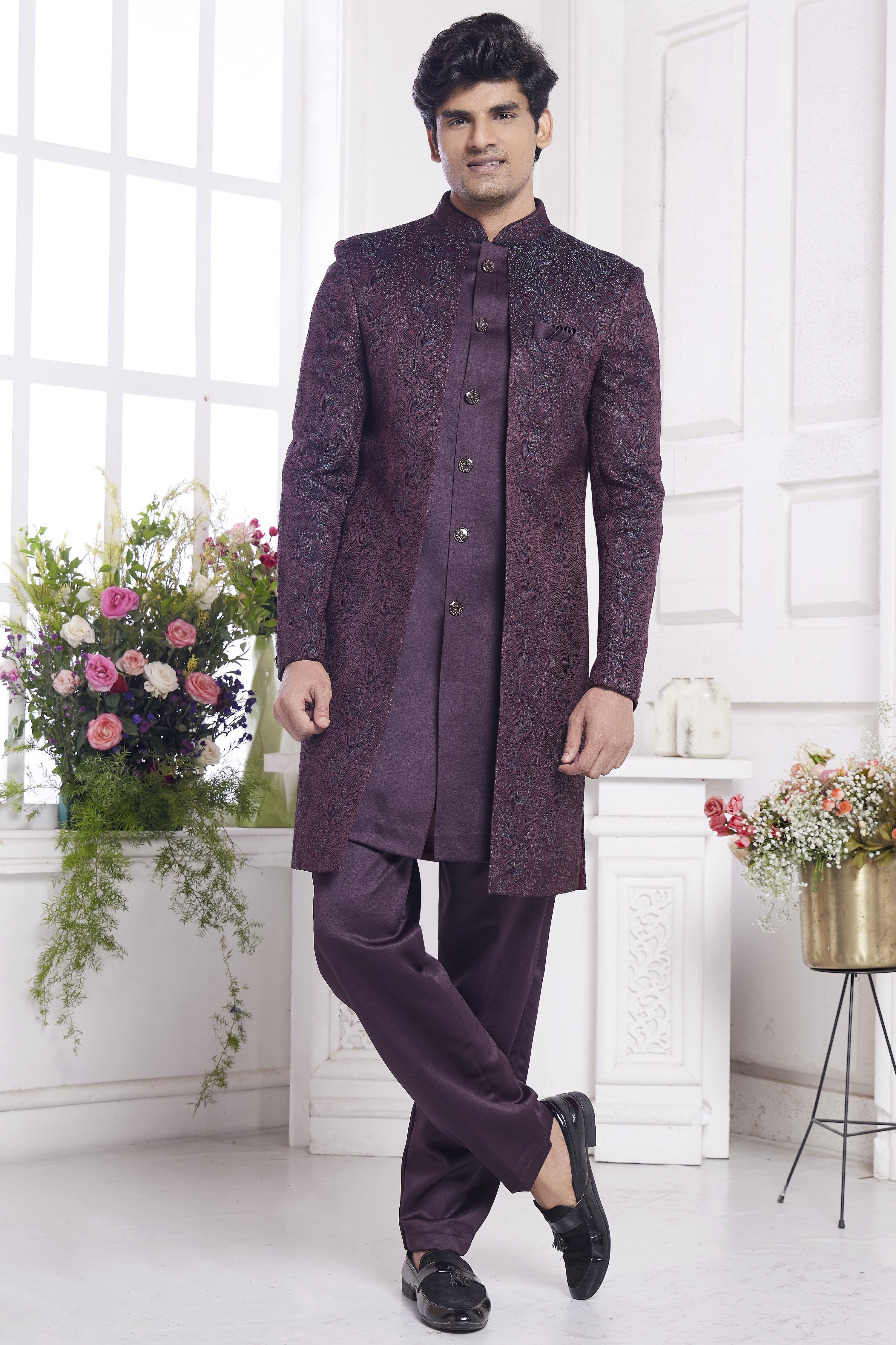 Dark Purple Jacquard Silk Indo Western Traditional Sherwani Kurta with Jacket & Pant for Men for Wedding - Embroidery Work