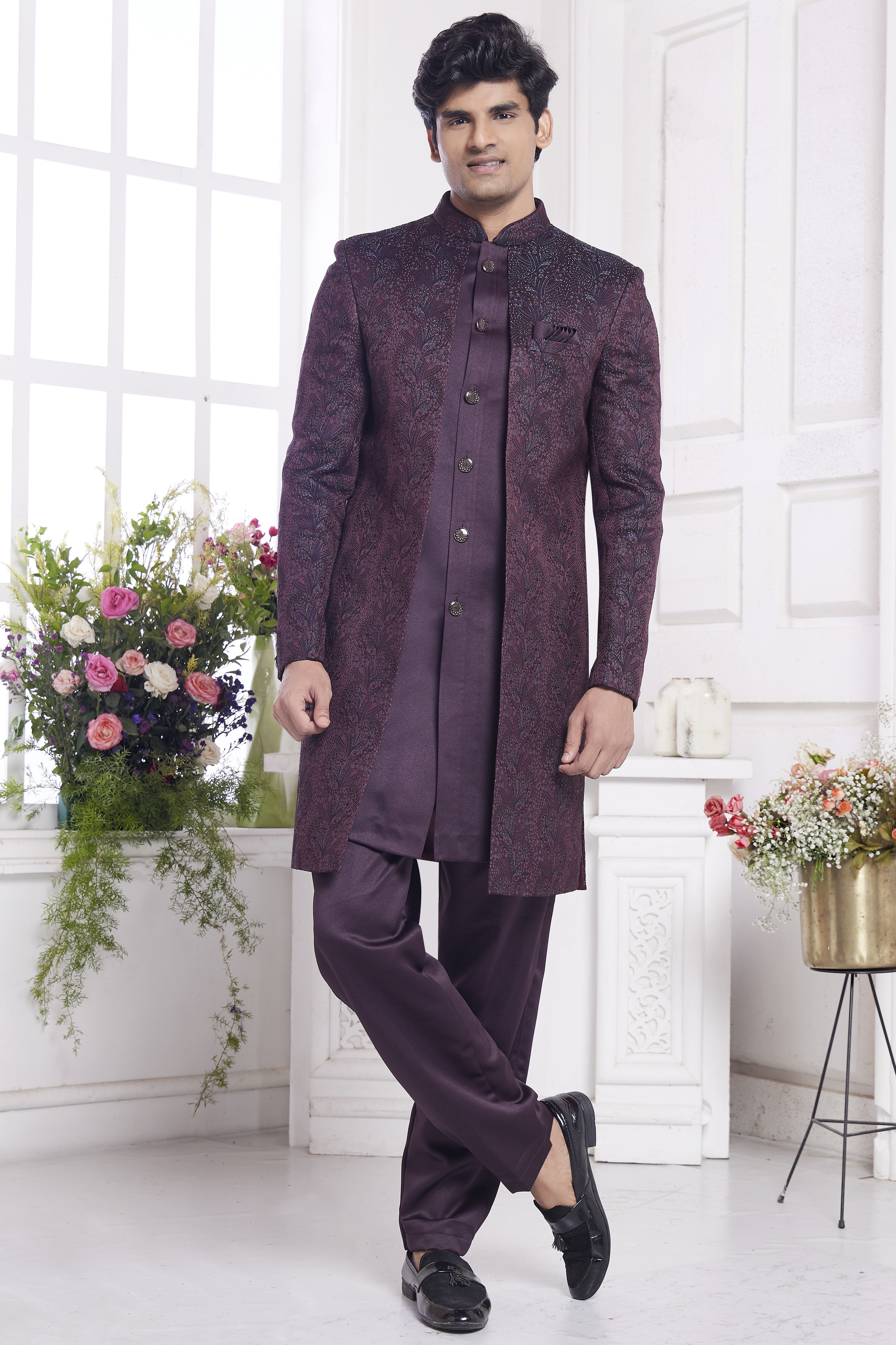 Dark Purple Jacquard Silk Indo Western Traditional Sherwani Kurta with Jacket & Pant for Men for Wedding - Embroidery Work