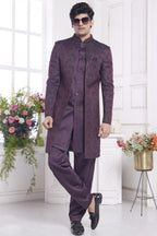 Dark Purple Jacquard Silk Indo Western Traditional Sherwani Kurta with Jacket & Pant for Men for Wedding - Embroidery Work