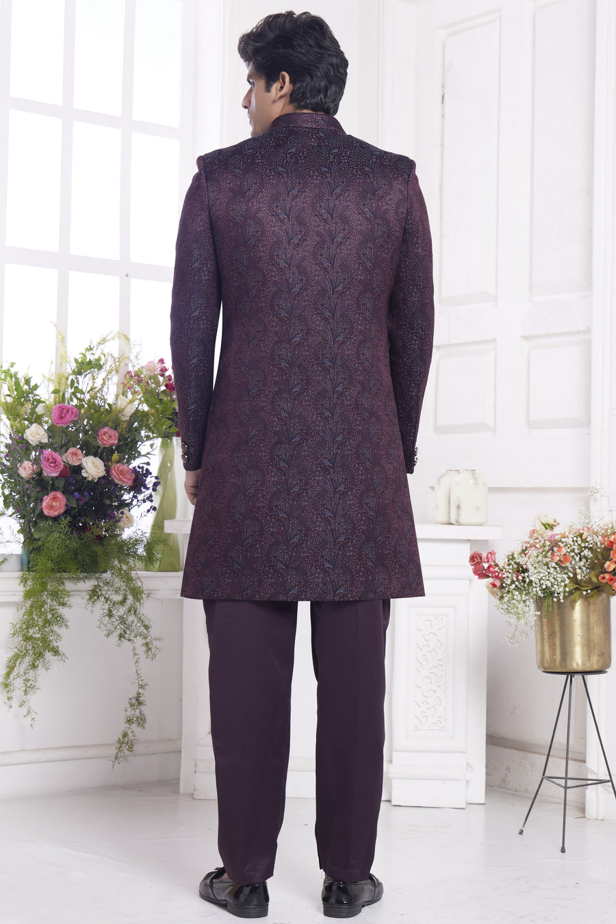 Dark Purple Jacquard Silk Indo Western Traditional Sherwani Kurta with Jacket & Pant for Men for Wedding - Embroidery Work