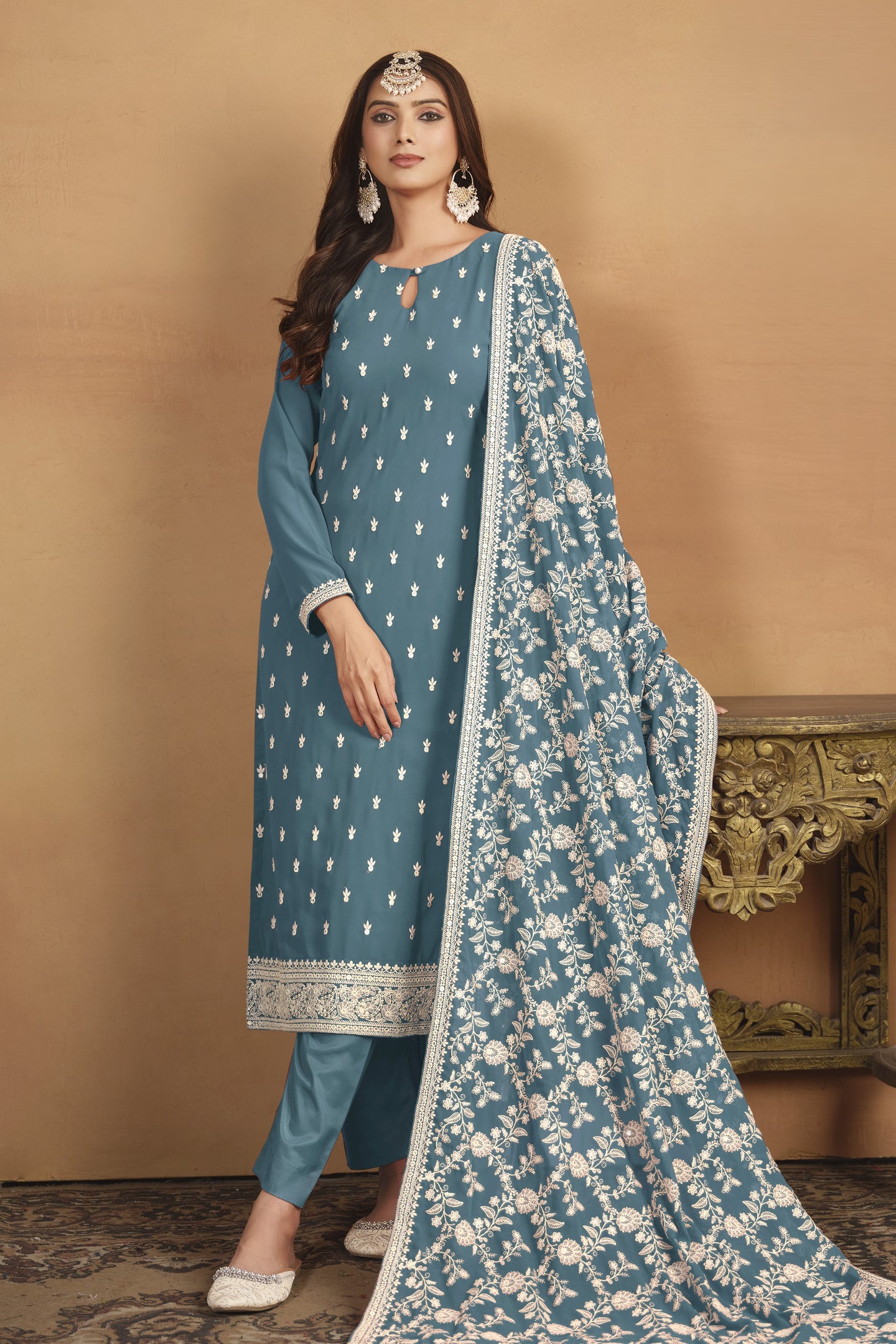 Dark Rama Georgette Embroidered Dress Womens Kameez with Pant