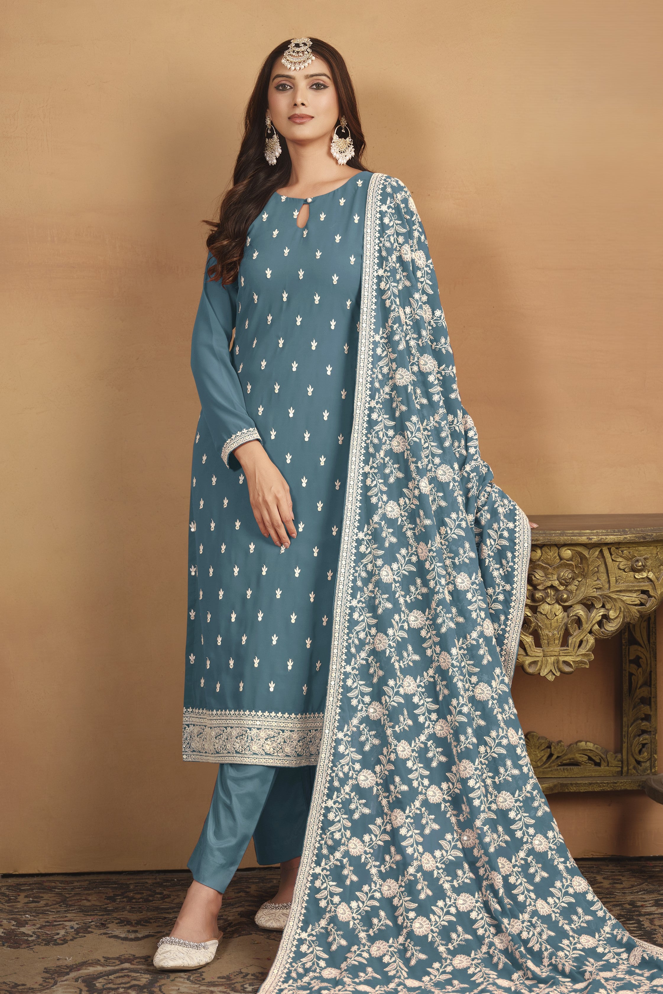 Dark Rama Georgette Embroidered Dress Womens Kameez with Pant