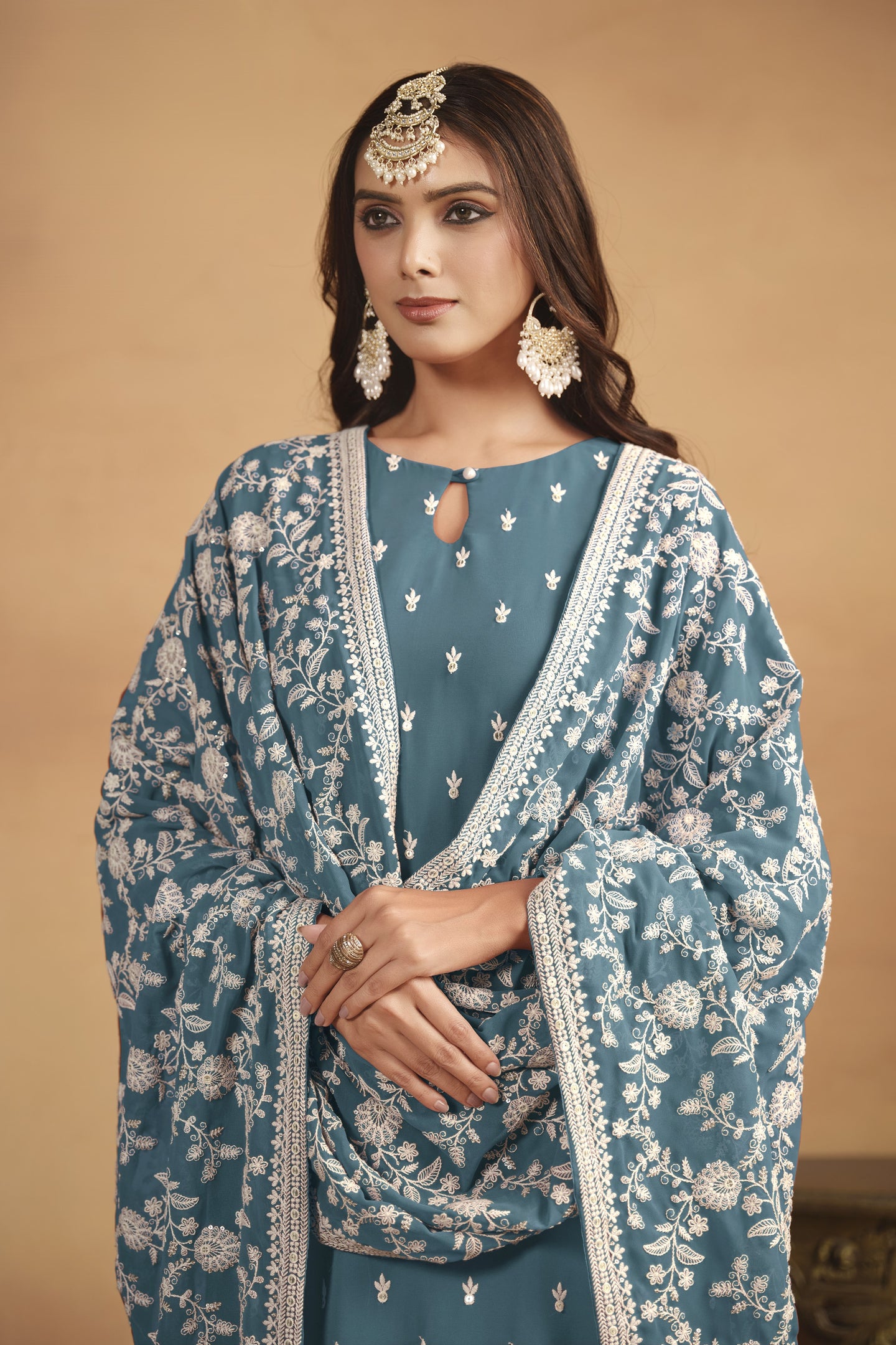 Dark Rama Georgette Embroidered Dress Womens Kameez with Pant