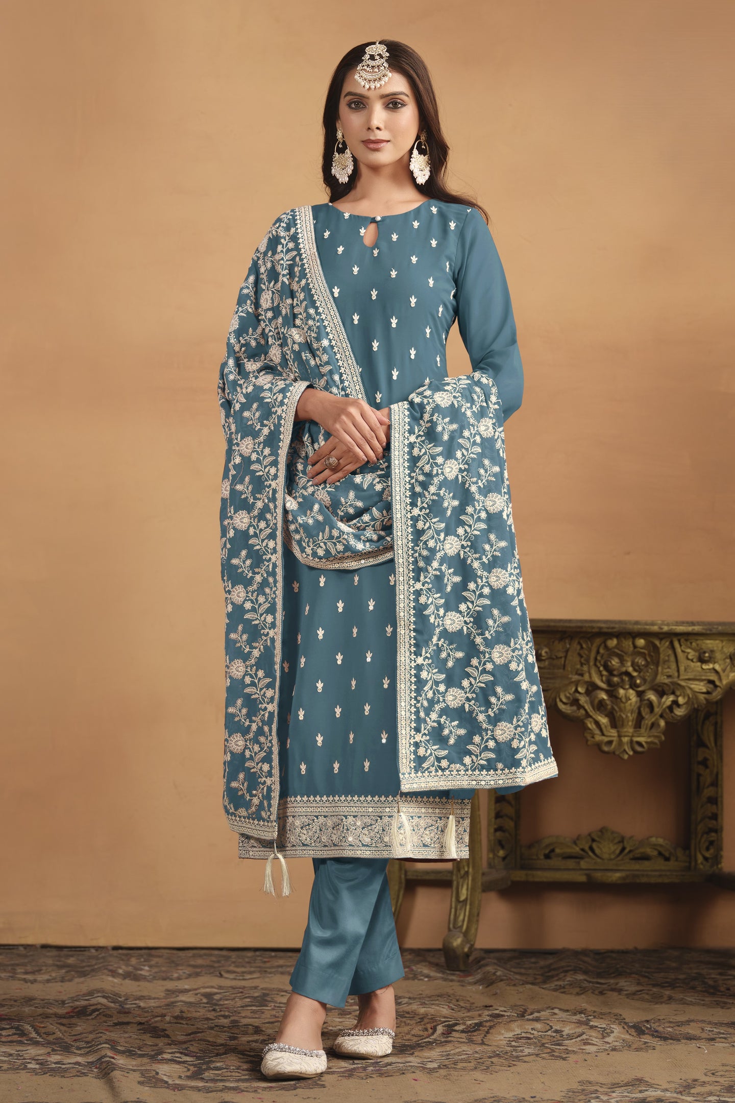 Dark Rama Georgette Embroidered Dress Womens Kameez with Pant