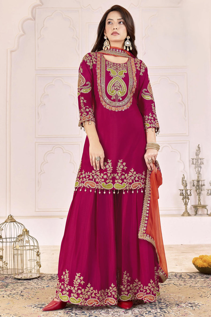 Dark Red Chinon Silk Palazzo Suit For Indian & Pakistani Wedding Festival - Sequence Embroidery Work, Dori Work, Moti Work