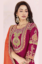 Dark Red Chinon Silk Palazzo Suit For Indian & Pakistani Wedding Festival - Sequence Embroidery Work, Dori Work, Moti Work