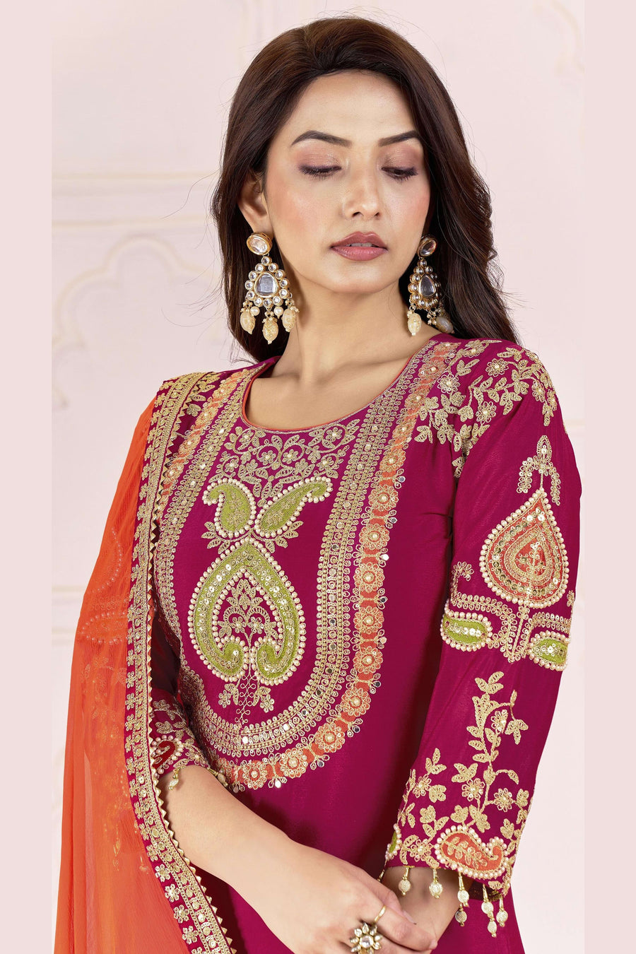 Dark Red Chinon Silk Palazzo Suit For Indian & Pakistani Wedding Festival - Sequence Embroidery Work, Dori Work, Moti Work