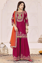 Dark Red Chinon Silk Palazzo Suit For Indian & Pakistani Wedding Festival - Sequence Embroidery Work, Dori Work, Moti Work