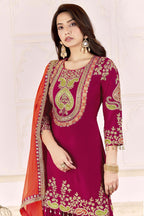 Dark Red Chinon Silk Palazzo Suit For Indian & Pakistani Wedding Festival - Sequence Embroidery Work, Dori Work, Moti Work