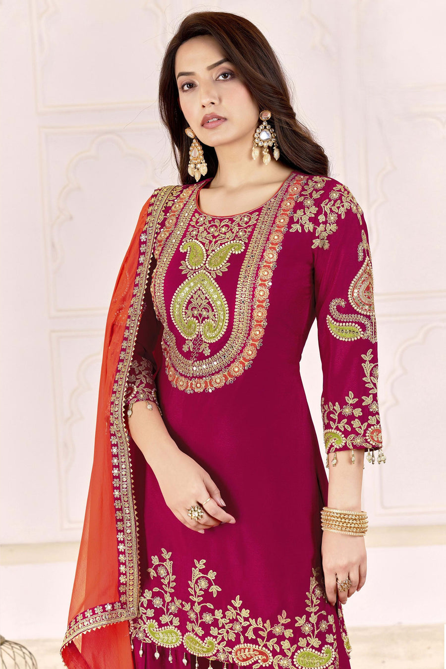 Dark Red Chinon Silk Palazzo Suit For Indian & Pakistani Wedding Festival - Sequence Embroidery Work, Dori Work, Moti Work