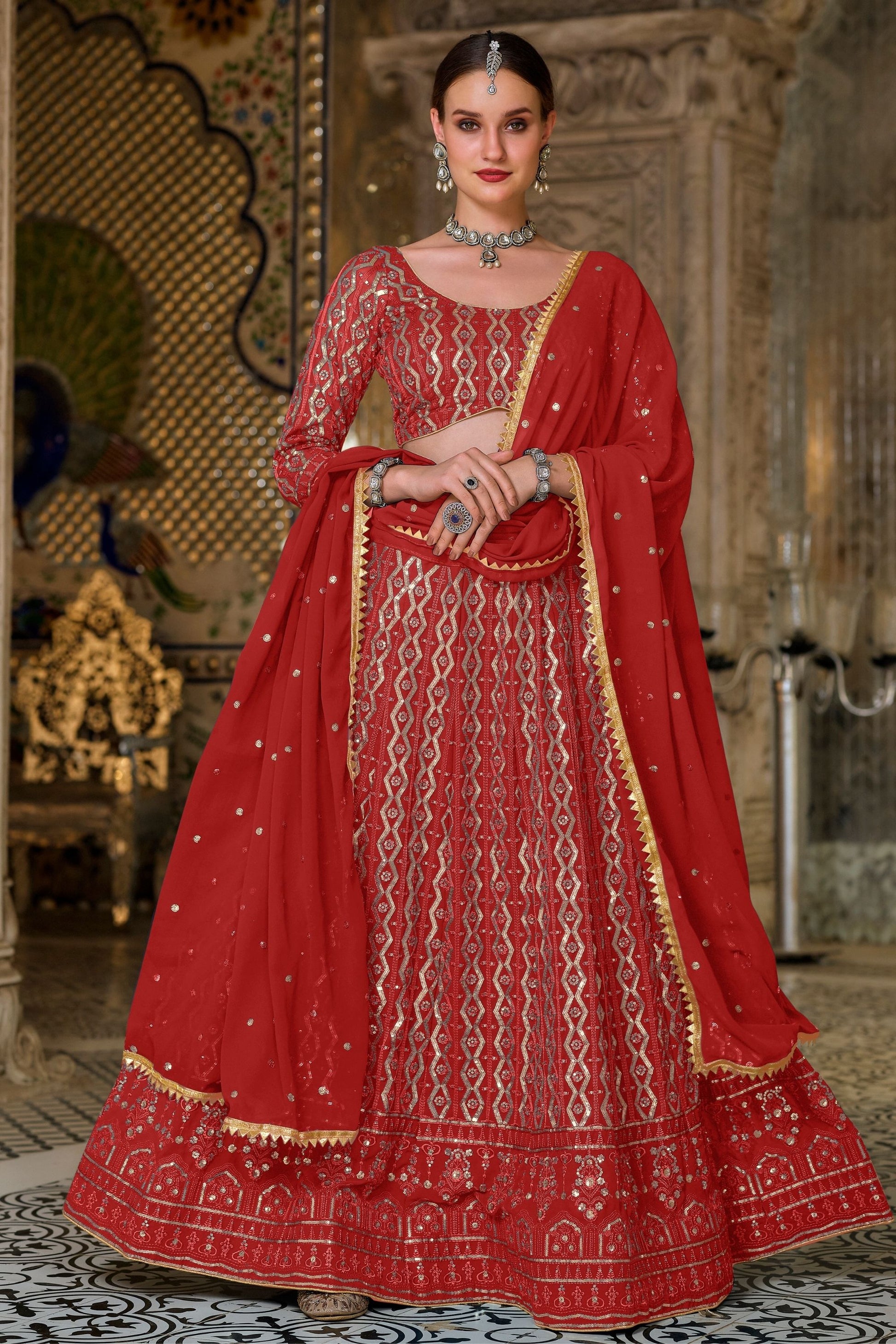 Dark Red Pakistani Georgette Lehenga Choli For Indian Festivals & Weddings - Sequence Embroidery Work,