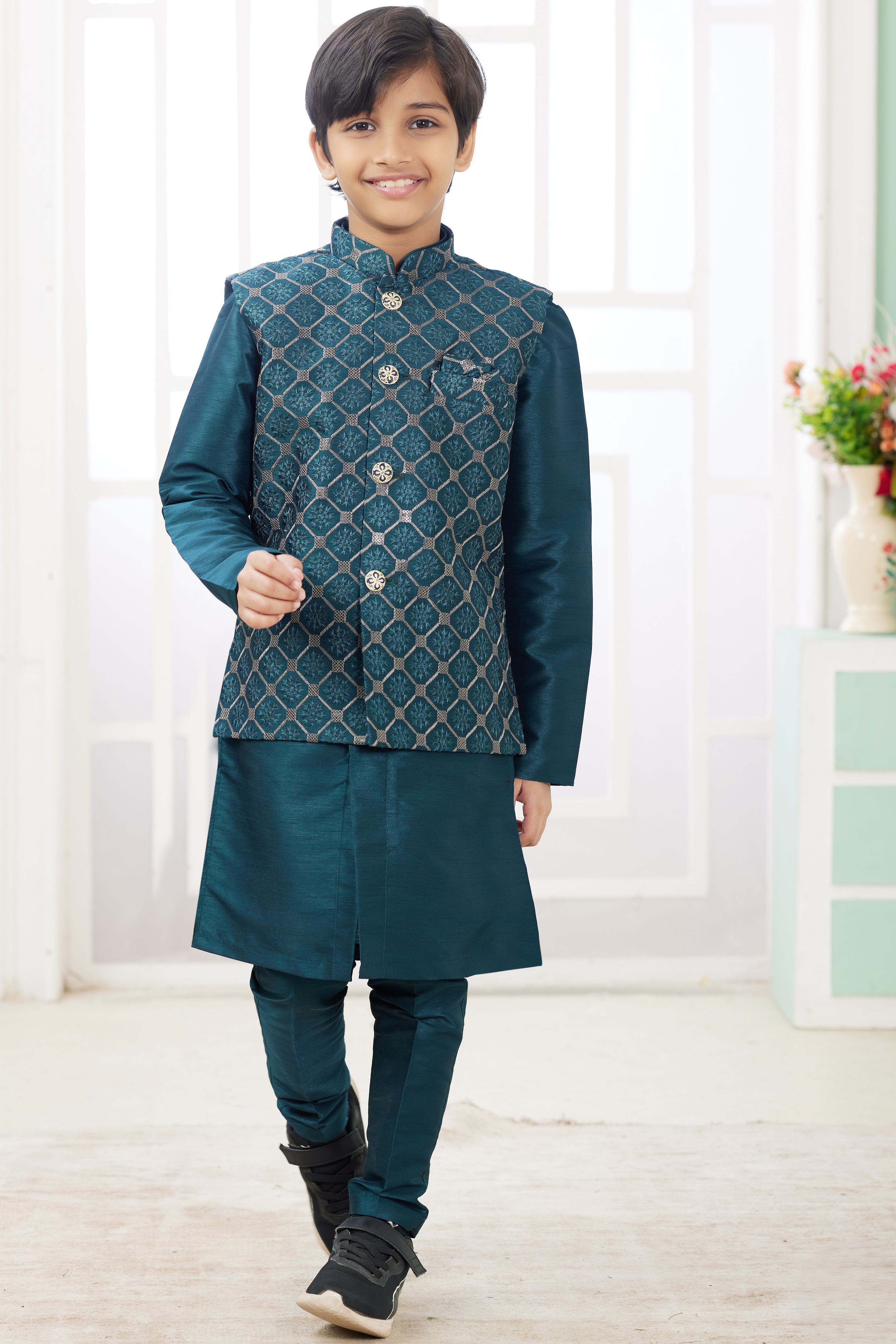 Dark Teal Art Silk 3 Piece Kids Wear Boys Suit Kurta Pajama with Waistcoat Nehru Jacket for Kids for Festivals & Wedding - Embroidery Work