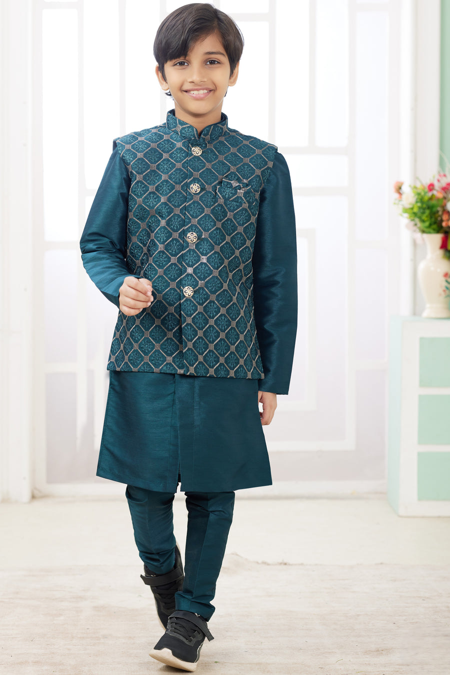 Dark Teal Art Silk 3 Piece Kids Wear Boys Suit Kurta Pajama with Waistcoat Nehru Jacket for Kids for Festivals & Wedding - Embroidery Work