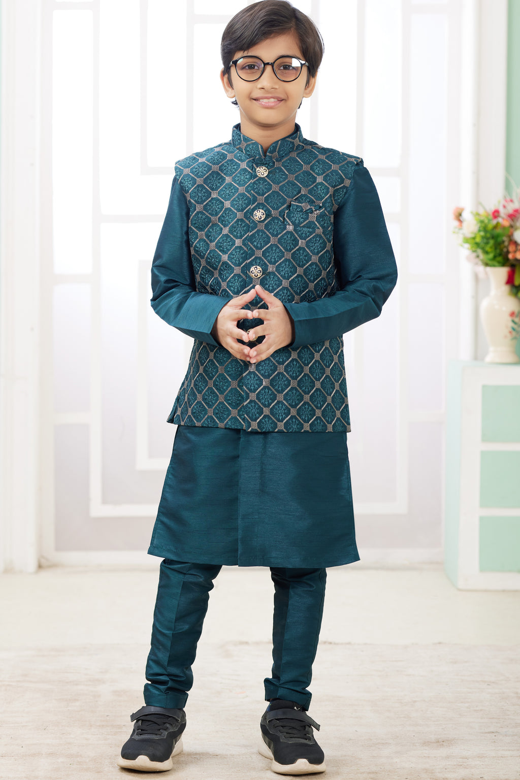Dark Teal Art Silk 3 Piece Kids Wear Boys Suit Kurta Pajama with Waistcoat Nehru Jacket for Kids for Festivals & Wedding - Embroidery Work