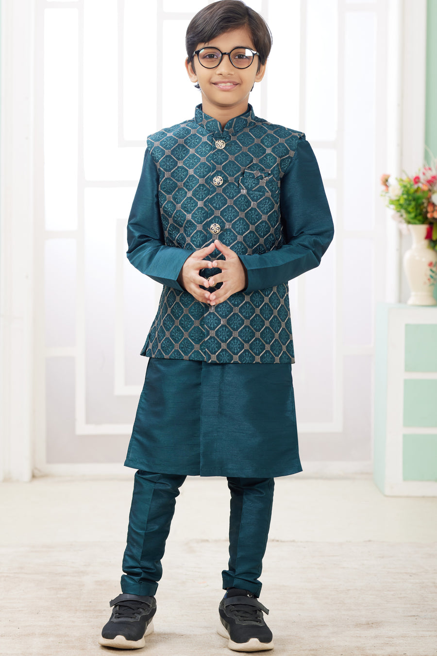 Dark Teal Art Silk 3 Piece Kids Wear Boys Suit Kurta Pajama with Waistcoat Nehru Jacket for Kids for Festivals & Wedding - Embroidery Work