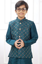 Dark Teal Art Silk 3 Piece Kids Wear Boys Suit Kurta Pajama with Waistcoat Nehru Jacket for Kids for Festivals & Wedding - Embroidery Work
