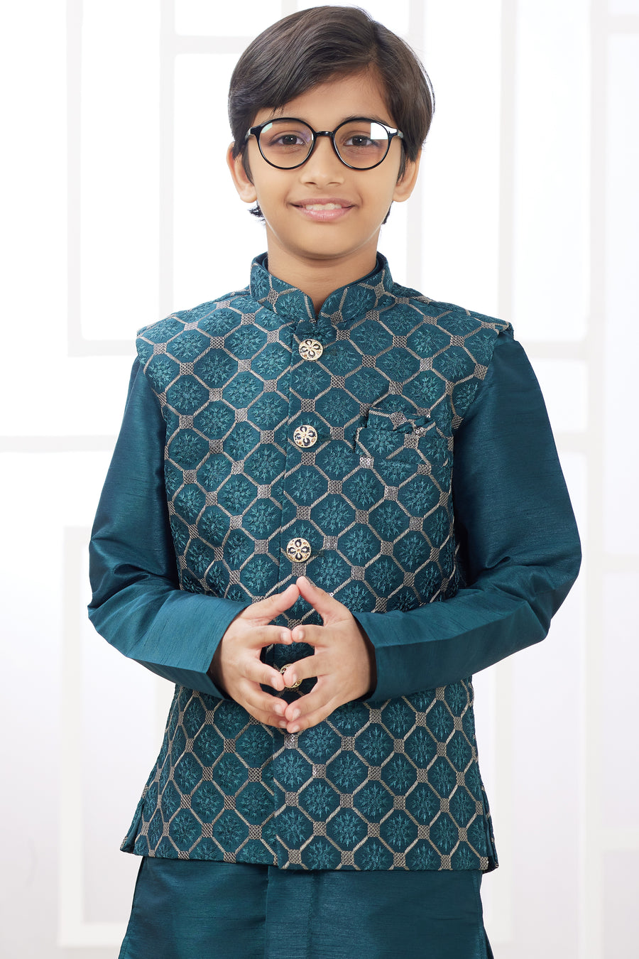 Dark Teal Art Silk 3 Piece Kids Wear Boys Suit Kurta Pajama with Waistcoat Nehru Jacket for Kids for Festivals & Wedding - Embroidery Work