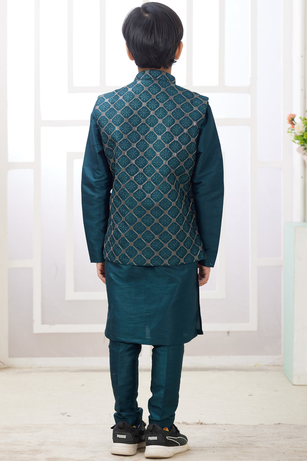Dark Teal Art Silk 3 Piece Kids Wear Boys Suit Kurta Pajama with Waistcoat Nehru Jacket for Kids for Festivals & Wedding - Embroidery Work