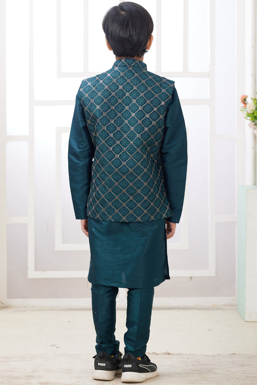 Dark Teal Art Silk 3 Piece Kids Wear Boys Suit Kurta Pajama with Waistcoat Nehru Jacket for Kids for Festivals & Wedding - Embroidery Work