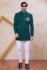 Dark Teal Art Silk Indo Western Clothes for Men with Zardozi Hand Work