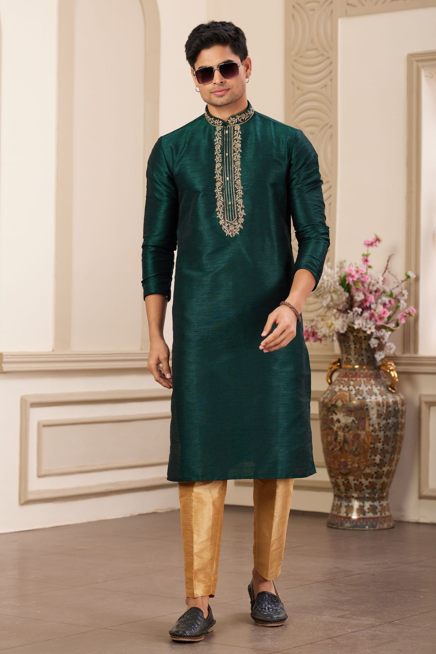 Dark Teal Art Silk Kurta and Pajama for Men with Handwork