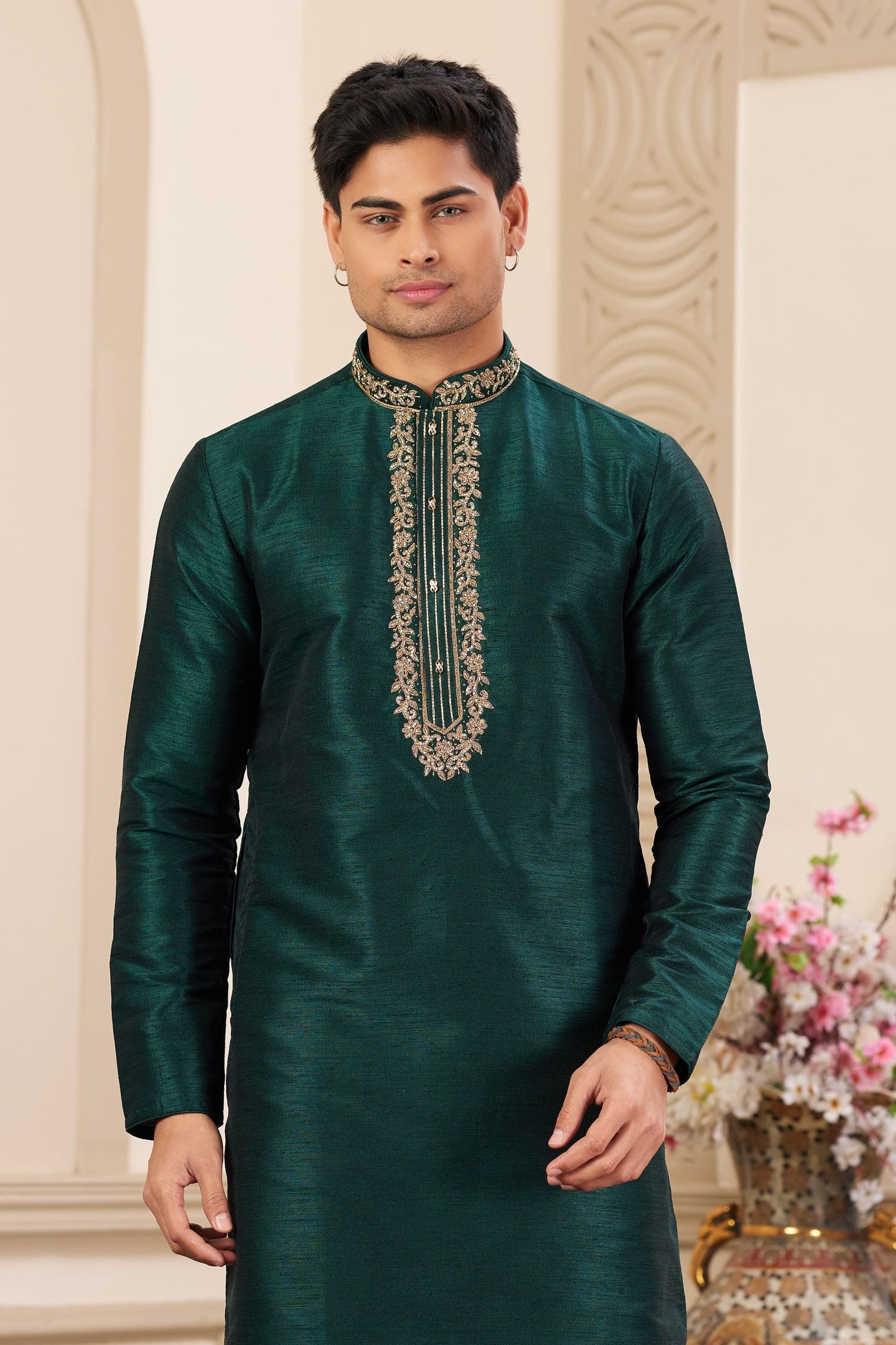 Dark Teal Art Silk Kurta and Pajama for Men with Handwork