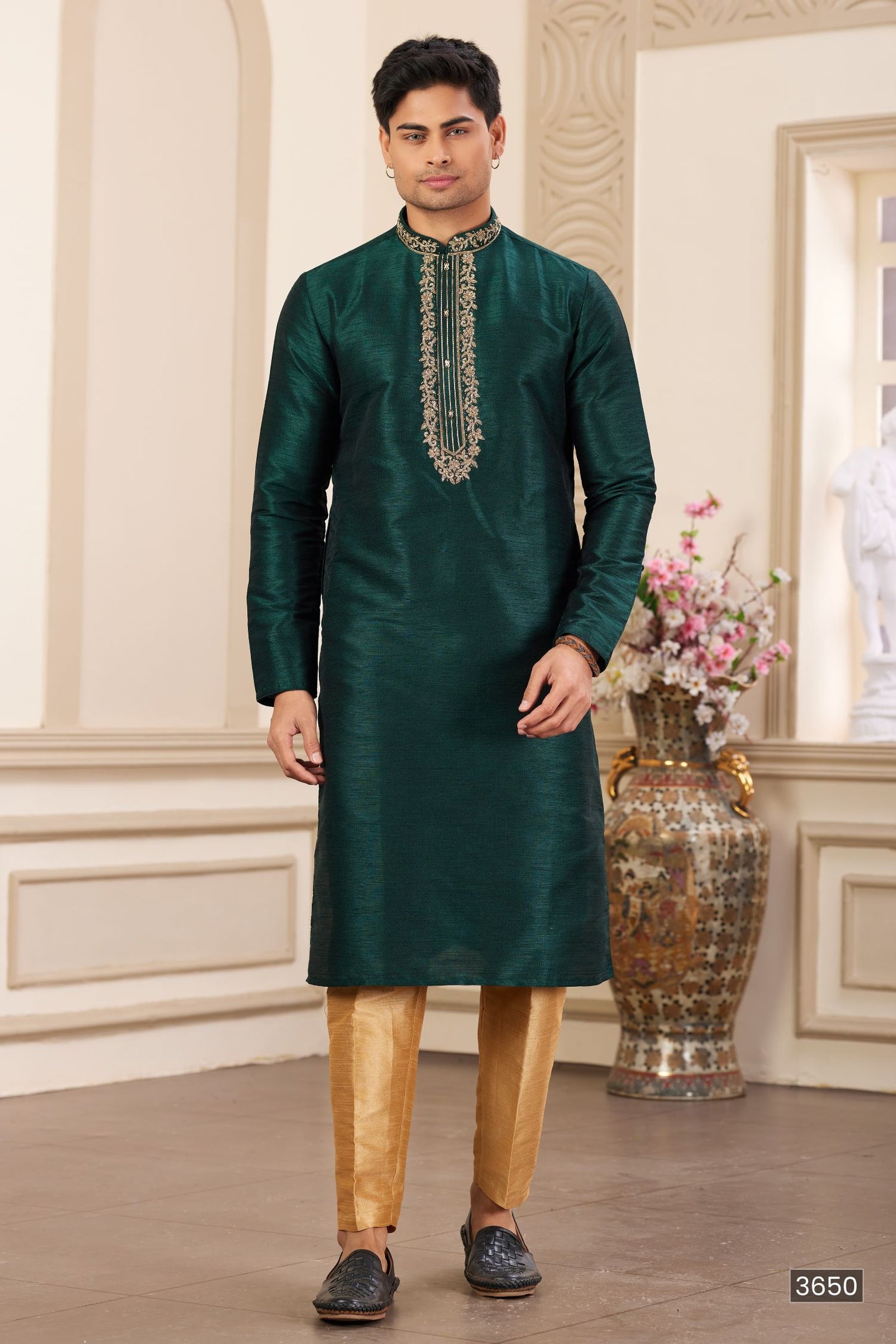 Dark Teal Art Silk Kurta and Pajama for Men with Handwork