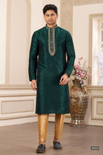 Dark Teal Kurta and Pajama for Men in Art Silk with Handwork