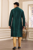 Dark Teal Art Silk Kurta and Pajama for Men with Handwork