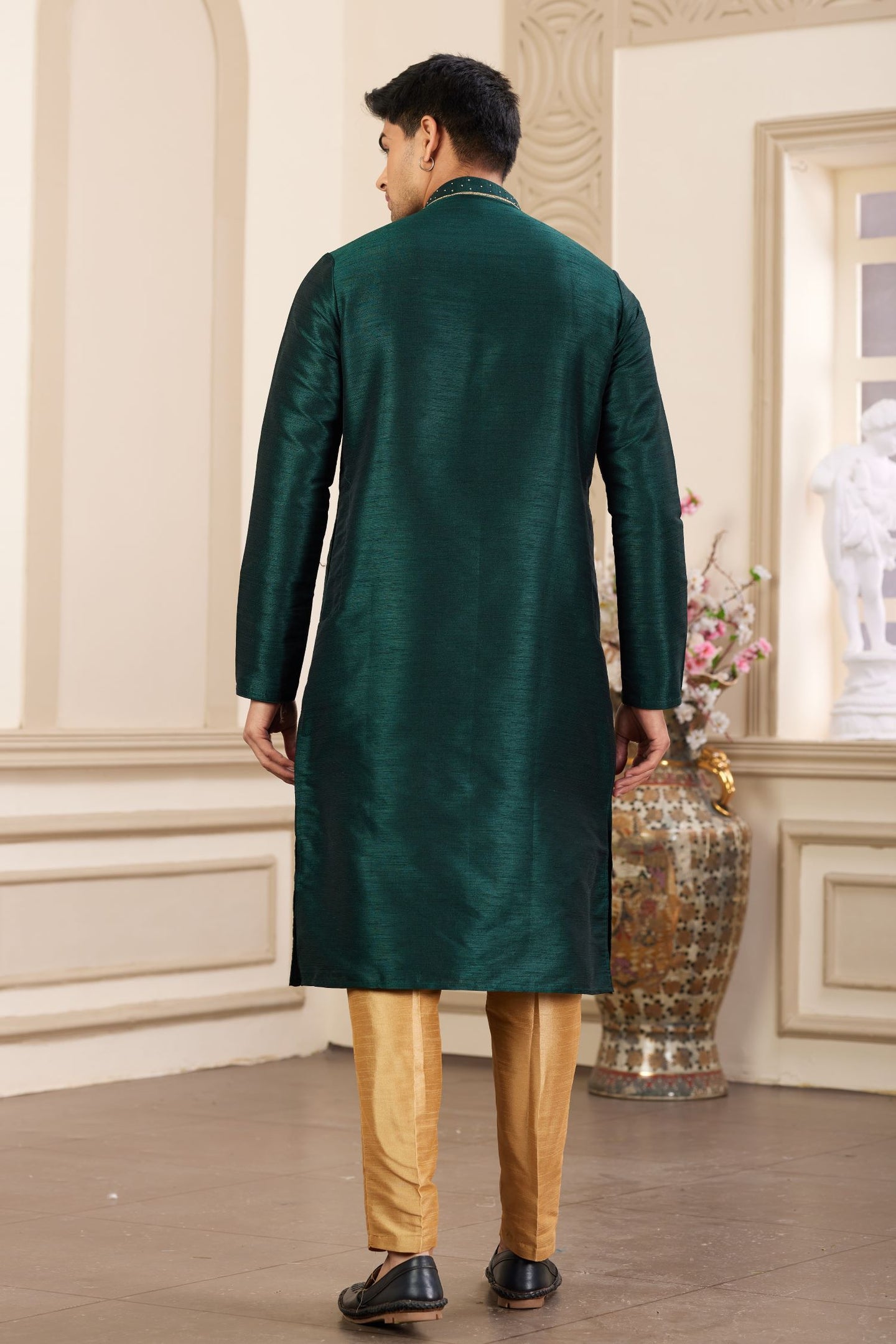 Dark Teal Art Silk Kurta and Pajama for Men with Handwork