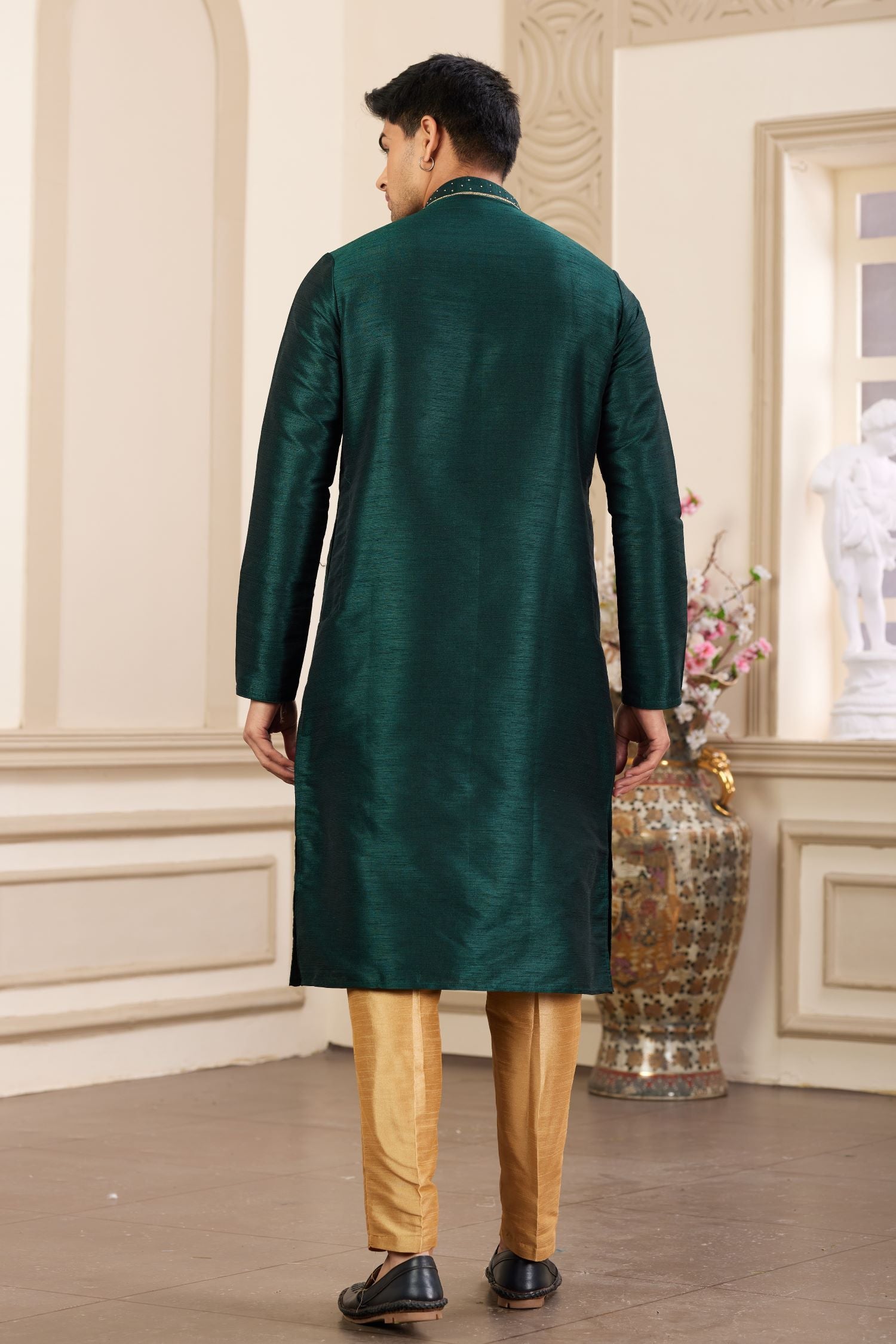 Dark Teal Art Silk Kurta and Pajama for Men with Handwork