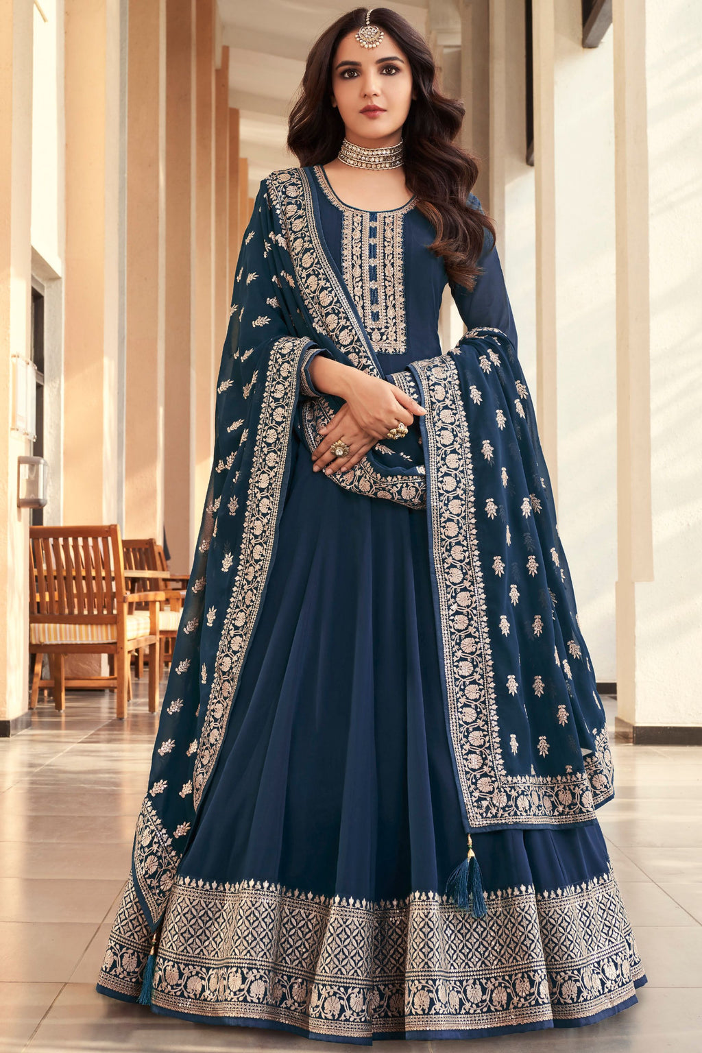 Dark Teal Anarkali Gown Georgette Wedding Festival Partywear - Embroidery Work