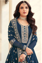 Dark Teal Anarkali Gown Georgette Wedding Festival Partywear - Embroidery Work