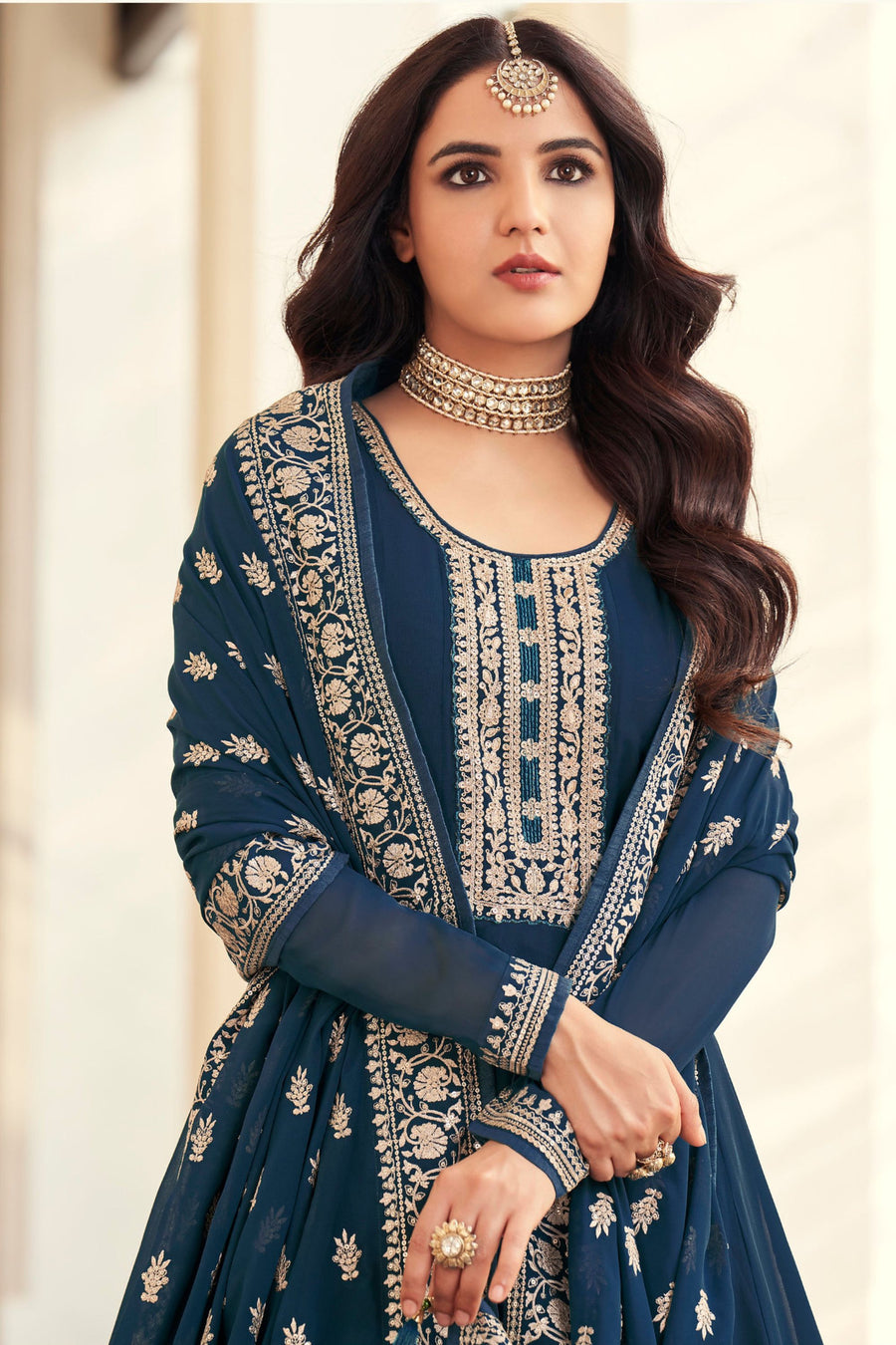 Dark Teal Anarkali Gown Georgette Wedding Festival Partywear - Embroidery Work