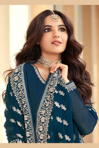 Dark Teal Anarkali Gown Georgette Wedding Festival Partywear - Embroidery Work