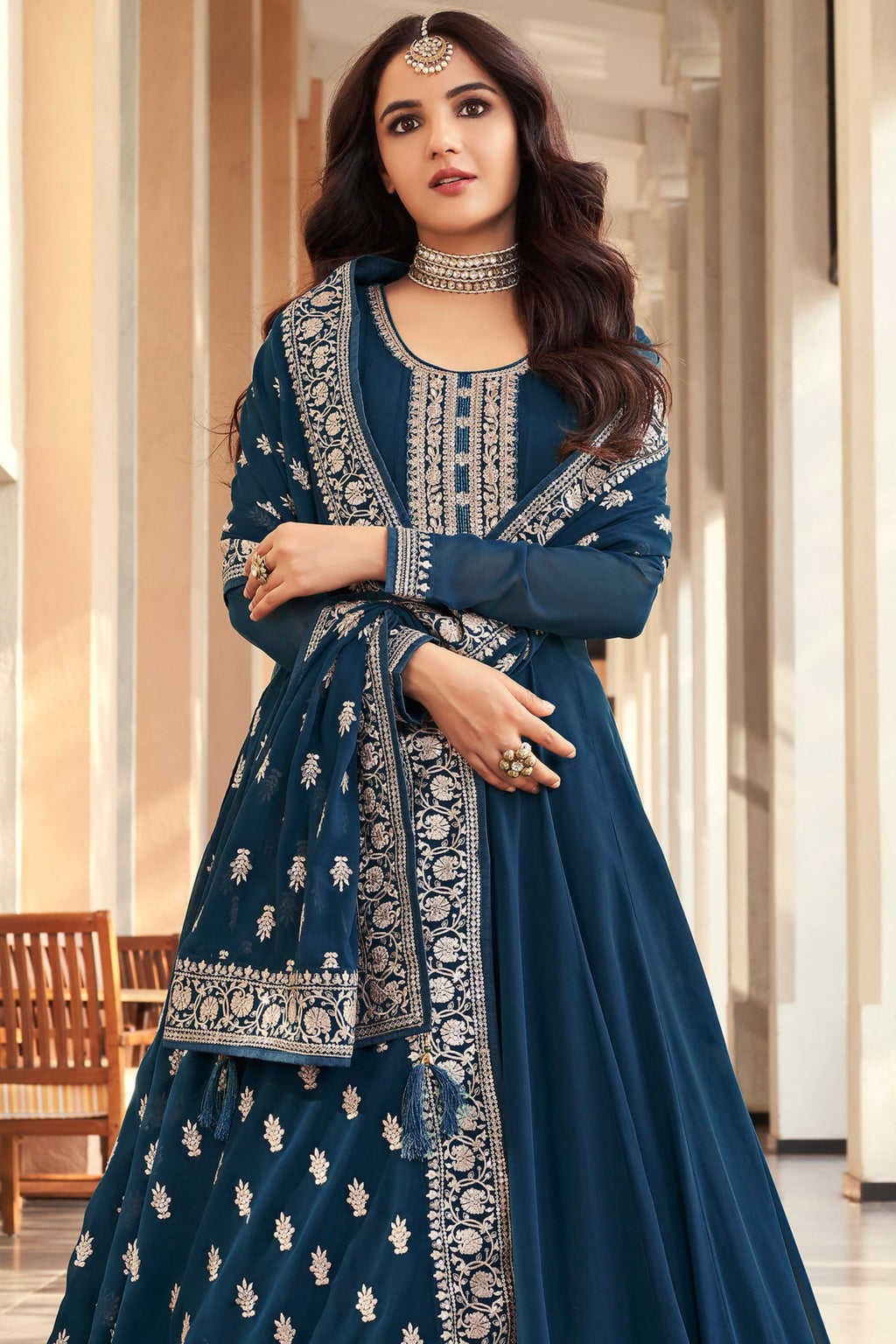 Dark Teal Anarkali Gown Georgette Wedding Festival Partywear - Embroidery Work