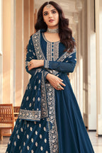 Dark Teal Anarkali Gown Georgette Wedding Festival Partywear - Embroidery Work