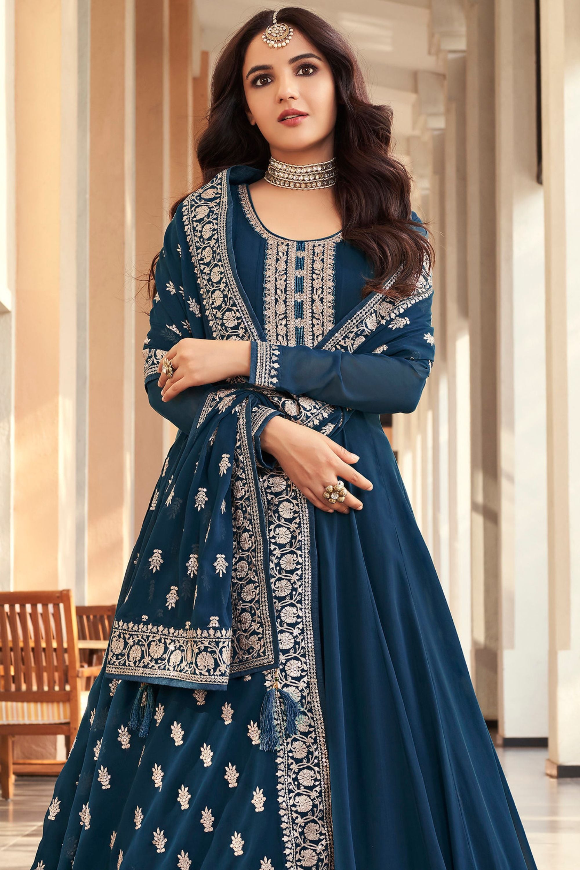 Dark Teal Anarkali Gown Georgette Wedding Festival Partywear - Embroidery Work