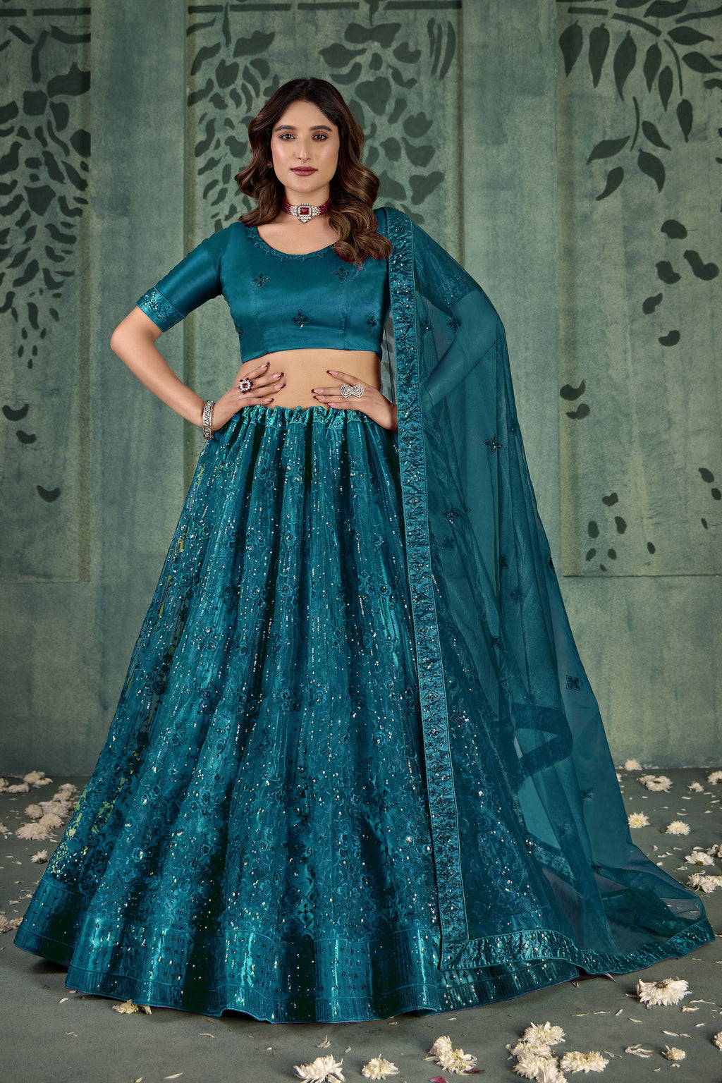 Dark Teal Net Lehenga Choli For Indian Festivals & Pakistani Weddings Dress - Thread Embroidery Work, Sequence Embroidery Work