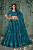 Dark Teal Net Lehenga Choli For Indian Festivals & Pakistani Weddings Dress - Thread Embroidery Work, Sequence Embroidery Work