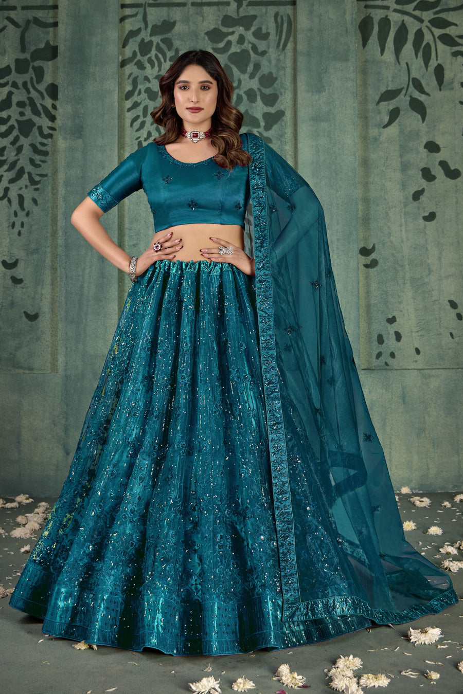Dark Teal Net Lehenga Choli For Indian Festivals & Pakistani Weddings Dress - Thread Embroidery Work, Sequence Embroidery Work