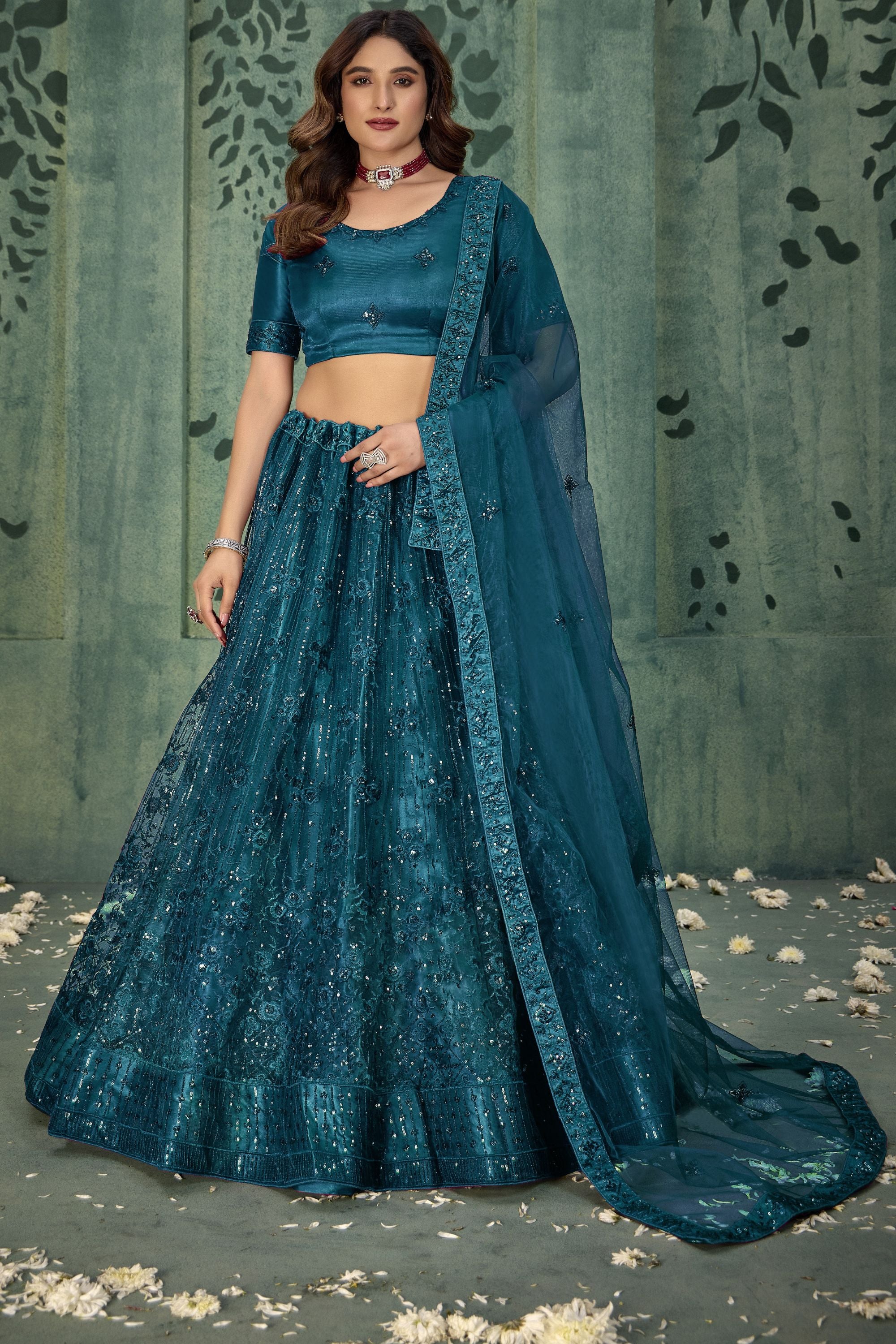 Dark Teal Net Lehenga Choli For Indian Festivals & Pakistani Weddings Dress - Thread Embroidery Work, Sequence Embroidery Work