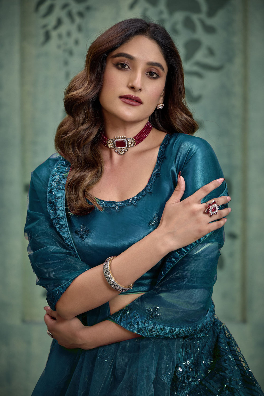 Dark Teal Net Lehenga Choli For Indian Festivals & Pakistani Weddings Dress - Thread Embroidery Work, Sequence Embroidery Work