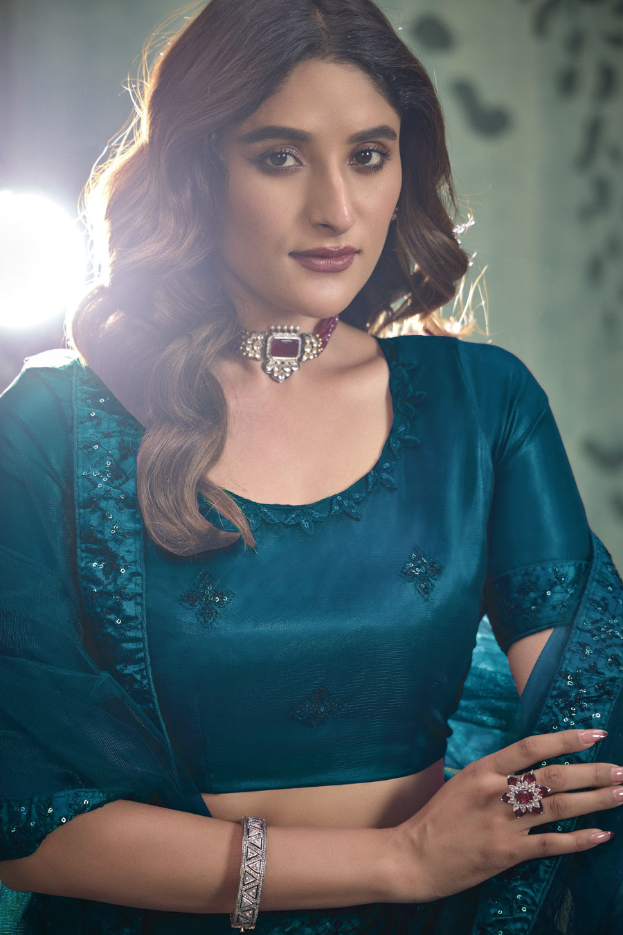 Dark Teal Net Lehenga Choli For Indian Festivals & Pakistani Weddings Dress - Thread Embroidery Work, Sequence Embroidery Work