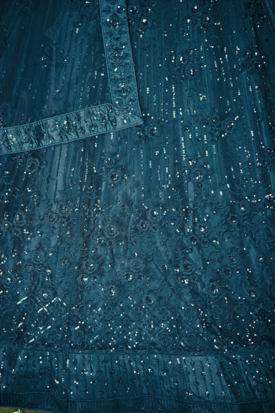 Dark Teal Net Lehenga Choli For Indian Festivals & Pakistani Weddings Dress - Thread Embroidery Work, Sequence Embroidery Work