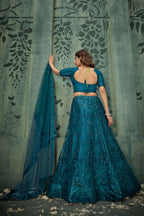 Dark Teal Net Lehenga Choli For Indian Festivals & Pakistani Weddings Dress - Thread Embroidery Work, Sequence Embroidery Work